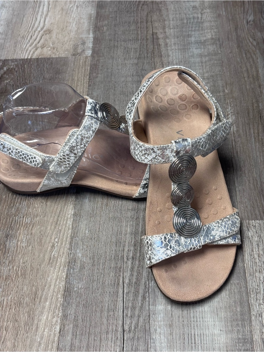 Vionic Farrah Metallic Snake Print T-Strap Sandals with Silver Spiral Accents